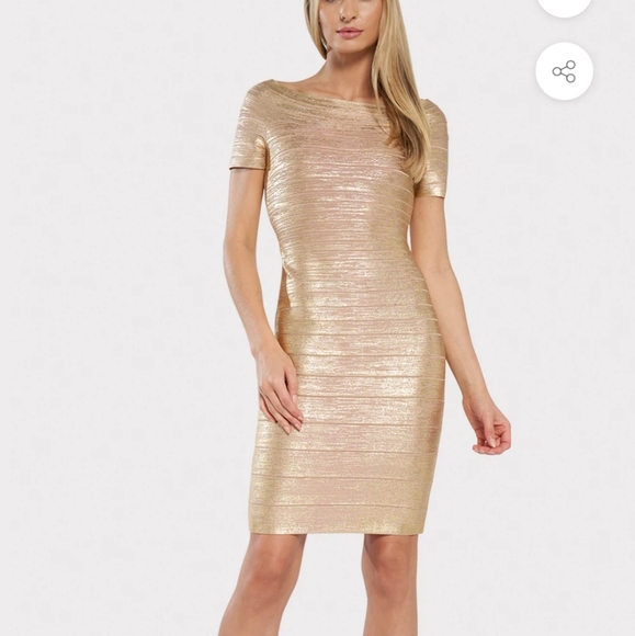 Herve Leger Dresses & Skirts - NWT HERVE LEGER Off Shoulder Bandage Gold Foil Dress